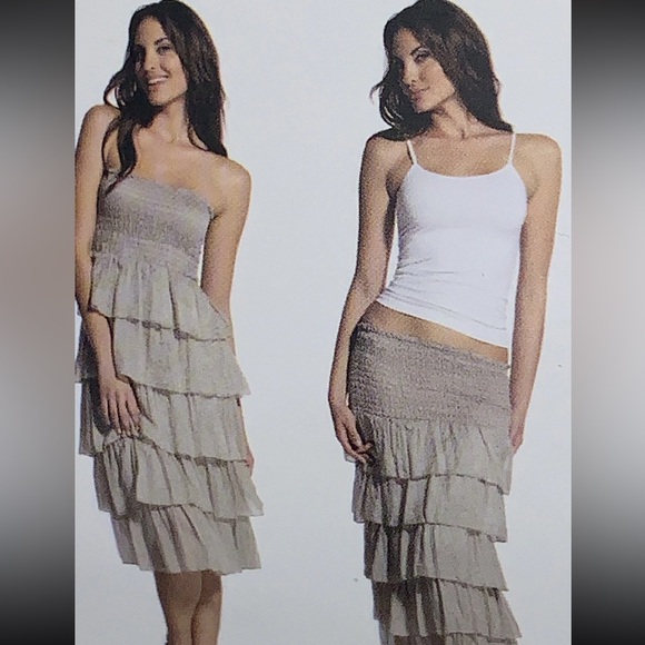 NWOT ELAN Silk & Cotton Tiered Neutral Accordion Smocked MIDI Dress/skirt. Small - Picture 8 of 16